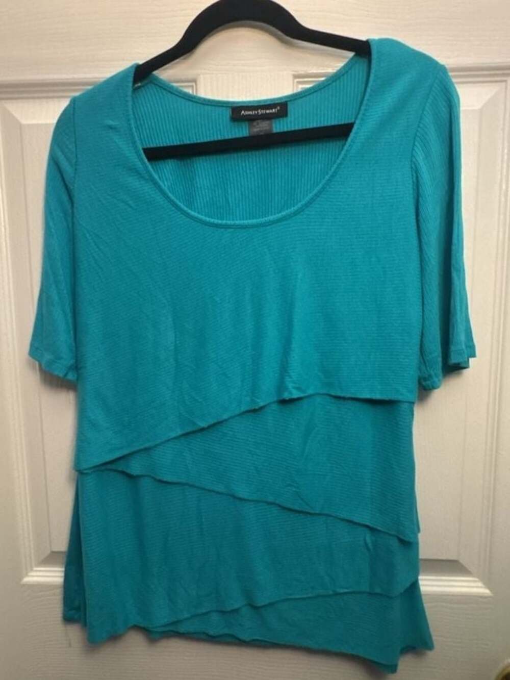 Ashley Stewart Teal Ribbed Layered Asymmetrical Short Sleeve top size 12